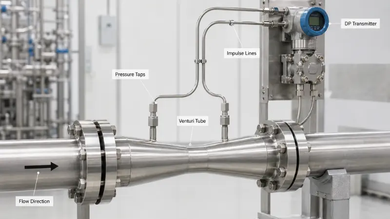 Venturi meter installed on a process pipeline with pressure taps, impulse lines, and differential pressure transmitter Venturi meter installed on a process pipeline with pressure taps, impulse lines, and differential pressure transmitter
