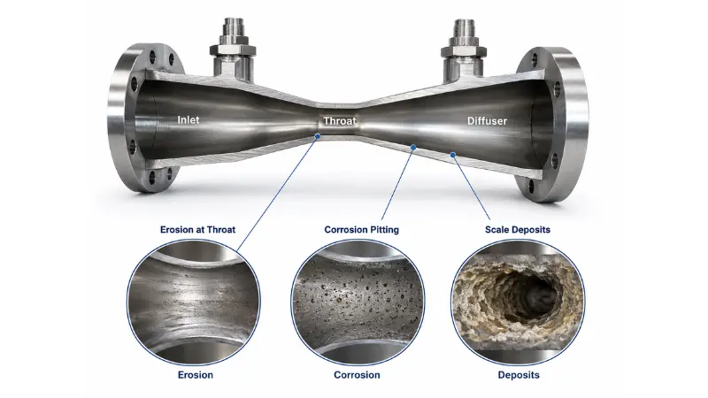 Venturi tube cross-section showing erosion, corrosion, and deposits inside the throat and diffuser Venturi tube cross-section showing erosion, corrosion, and deposits inside the throat and diffuser