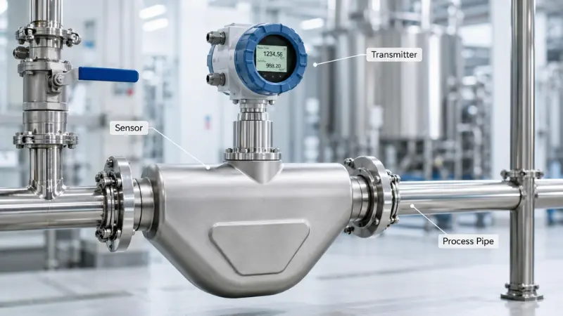 Coriolis flow meter installed in an industrial stainless steel pipeline