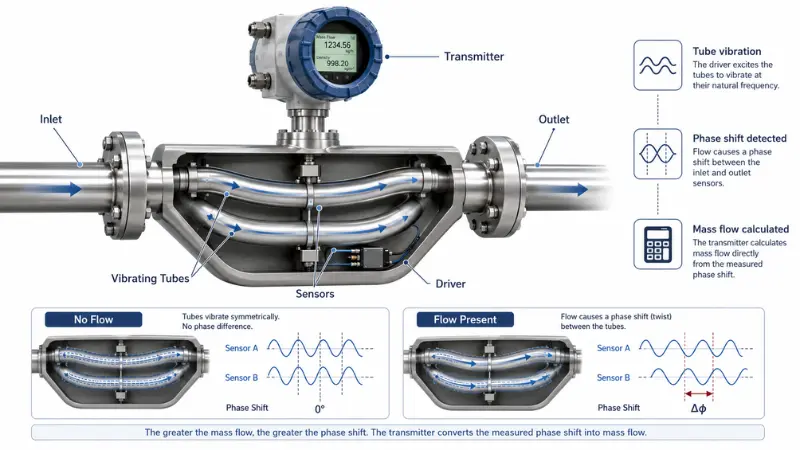 Technical diagram showing how a Coriolis flow meter measures mass flow using vibrating tubes and phase shift
