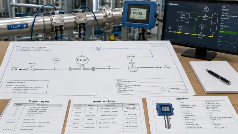 Ultrasonic flow meter symbol on a P&ID with FIT tag, signal lines, project legend, instrument index and datasheet Ultrasonic flow meter symbol on a P&ID with FIT tag, signal lines, project legend, instrument index and datasheet